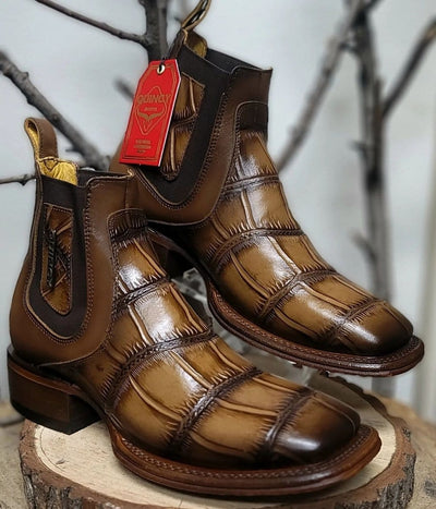 Men's Quincy Alligator Print Square Toe Ankle Boots - Tobacco 6 Q82B1759-060  - from alligatorwarehouse.com