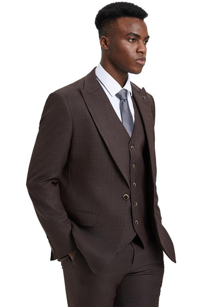 Men's Stacy Adams Vested One Button Wide Peak Lapel Windowpane Plaid Suit in Brown 6 SM161H1-65-38R  - from alligatorwarehouse.com