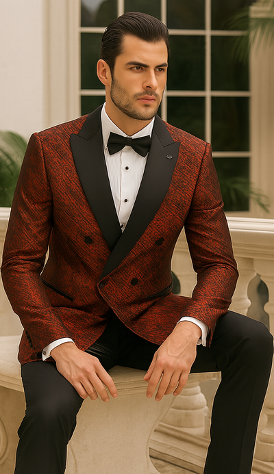 Red Double Breasted Rough Streak Pattern Satin Peak Lapel Stacy Adams Men's Jacket 3   - from alligatorwarehouse.com