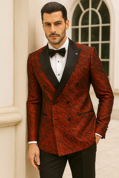 Red Double Breasted Rough Streak Pattern Satin Peak Lapel Stacy Adams Men's Jacket 8   - from alligatorwarehouse.com