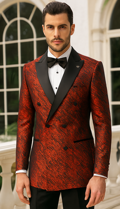 Red Double Breasted Rough Streak Pattern Satin Peak Lapel Stacy Adams Men's Jacket 1   - from alligatorwarehouse.com