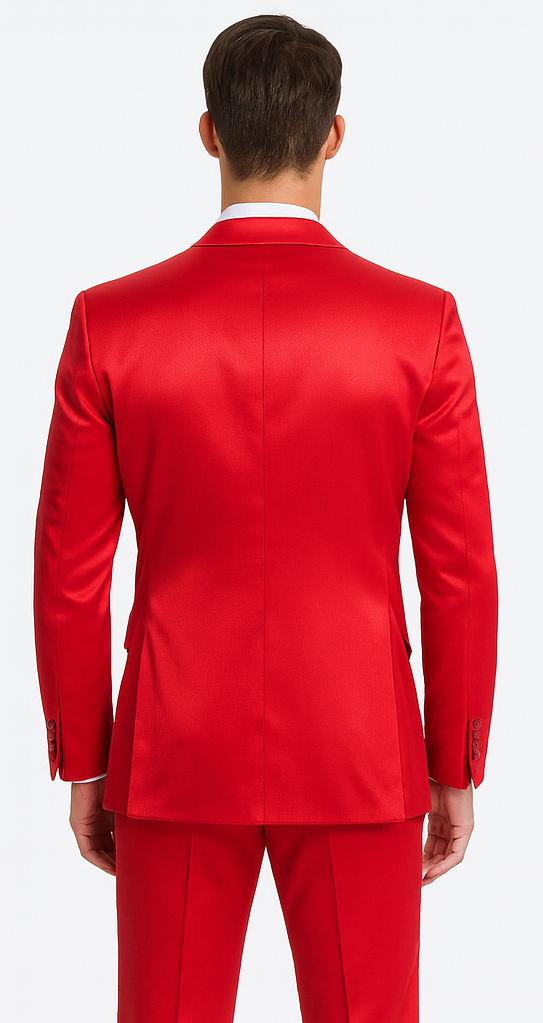 Red Satin texture double breasted vest peak lapel 3 piece skinny fit Tazzio mens suit with matching bowtie