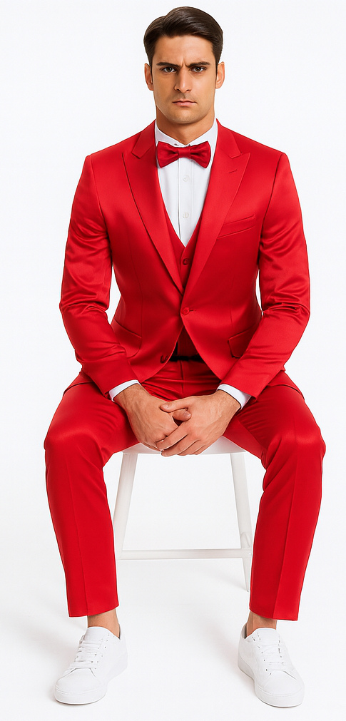 Red Satin texture double breasted vest peak lapel 3 piece skinny fit Tazzio mens suit with matching bowtie