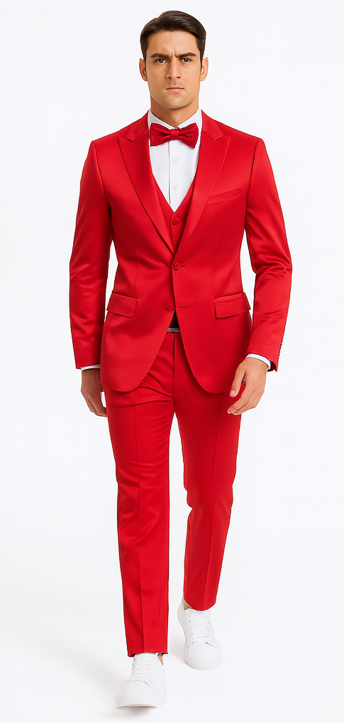 Red Satin texture double breasted vest peak lapel 3 piece skinny fit Tazzio mens suit with matching bowtie