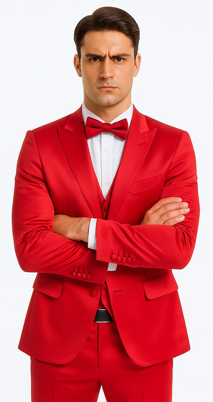 Red Satin texture double breasted vest peak lapel 3 piece skinny fit Tazzio mens suit with matching bowtie