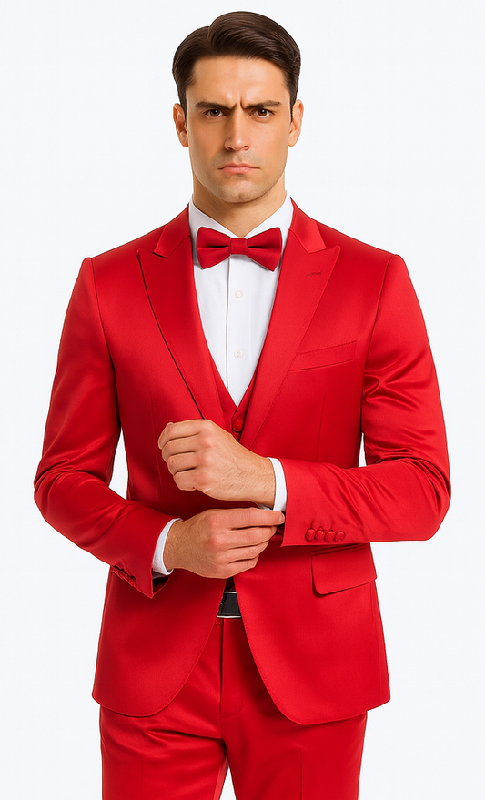 Red Satin texture double breasted vest peak lapel 3 piece skinny fit Tazzio mens suit with matching bowtie