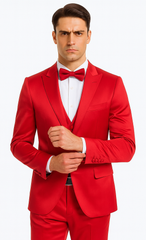 Red Satin texture double breasted vest peak lapel 3 piece skinny fit Tazzio mens suit with matching bowtie