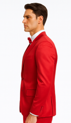 Red Satin texture double breasted vest peak lapel 3 piece skinny fit Tazzio mens suit with matching bowtie