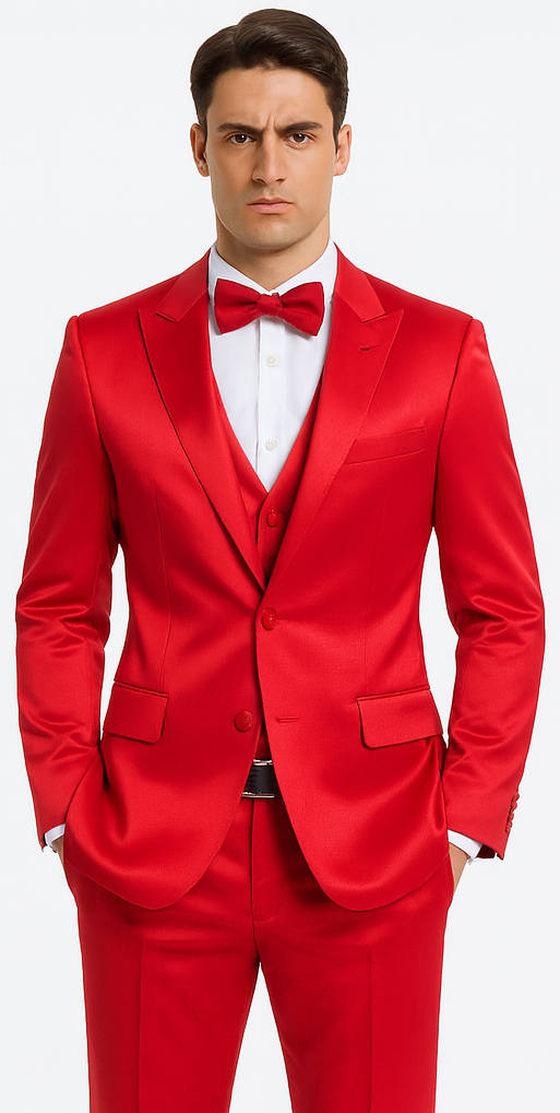 Red Satin texture double breasted vest peak lapel 3 piece skinny fit Tazzio mens suit with matching bowtie