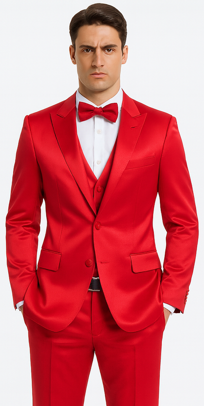 Red Satin texture double breasted vest peak lapel 3 piece skinny fit Tazzio mens suit with matching bowtie