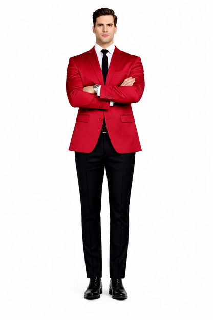 Men’s Slim Fit Red Satin Blazer – Elegant Two-Button Formal Suit Jacket for Weddings, in Red Color