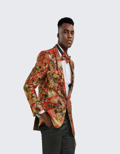 Red & Gold Floral Tuxedo Jacket Slim Fit 2 2K-5811  - from alligatorwarehouse.com