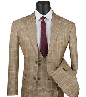 Regular Fit Camel Glen Plaid Three-Piece Suit