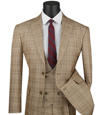 Regular Fit Camel Glen Plaid Three-Piece Suit 1 SO1V2RW-7_Camel_38S  - from alligatorwarehouse.com