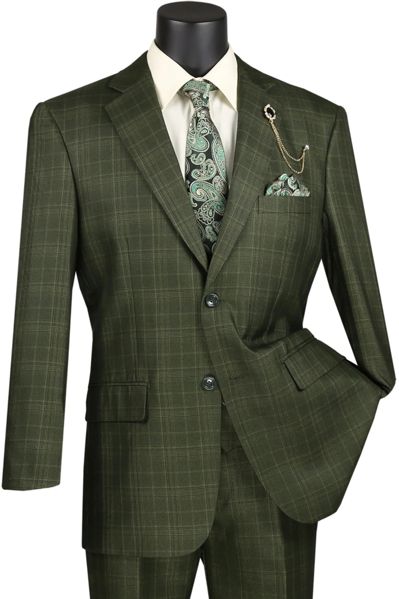 Regular Fit Olive Green Glen Plaid Three-Piece Suit 1 SO1V2RW-7_Olive_38S  - from alligatorwarehouse.com