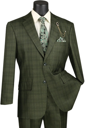 Regular Fit Olive Green Glen Plaid Three-Piece Suit