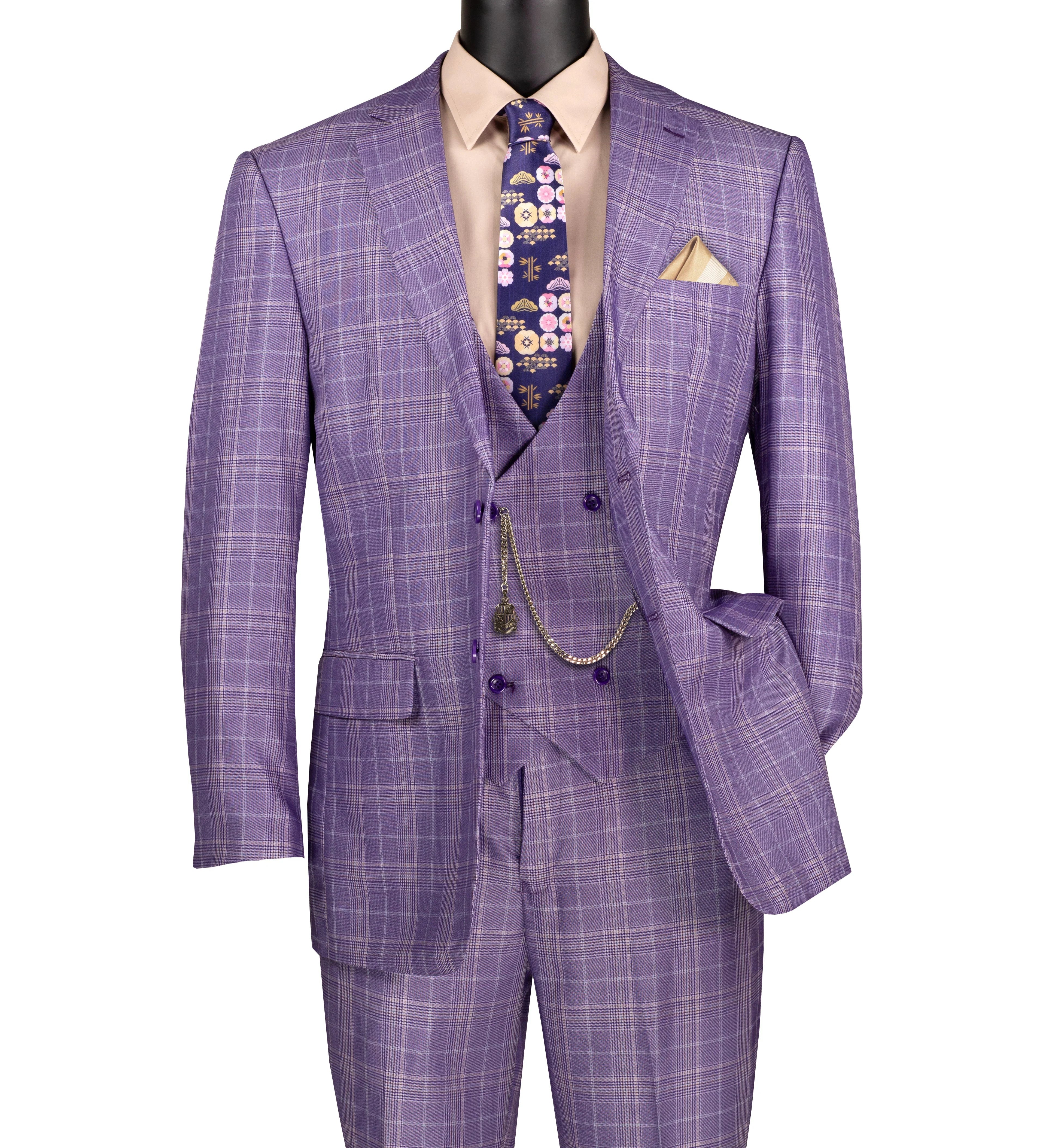 Regular Fit Light Purple Glen Plaid Three-Piece Suit 1 SO1V2RW-7_LightPurple_42S  - from alligatorwarehouse.com