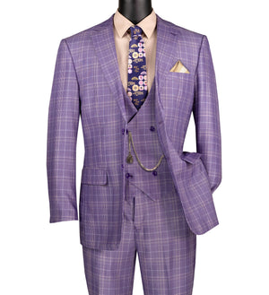 Regular Fit Light Purple Glen Plaid Three-Piece Suit 