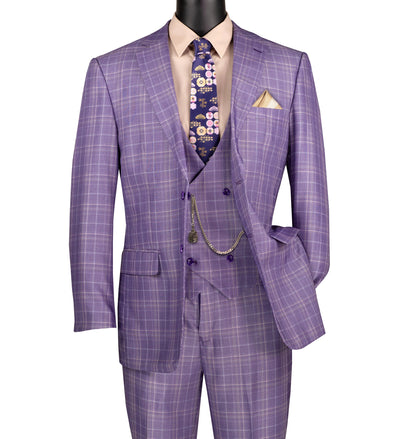 Regular Fit Light Purple Glen Plaid Three-Piece Suit 1 SO1V2RW-7_LightPurple_42S  - from alligatorwarehouse.com