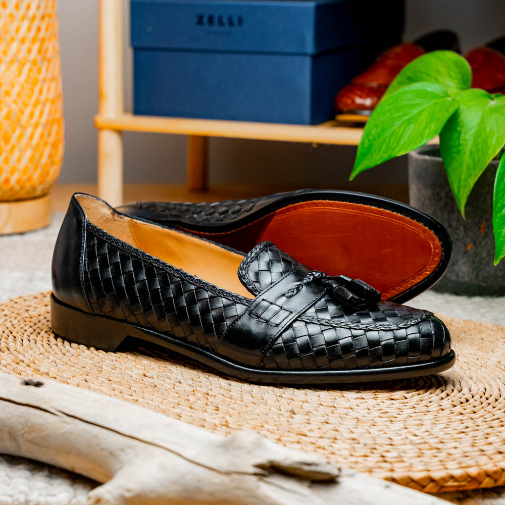 Zelli Riviera Woven Calfskin Tassel Loafers in Black