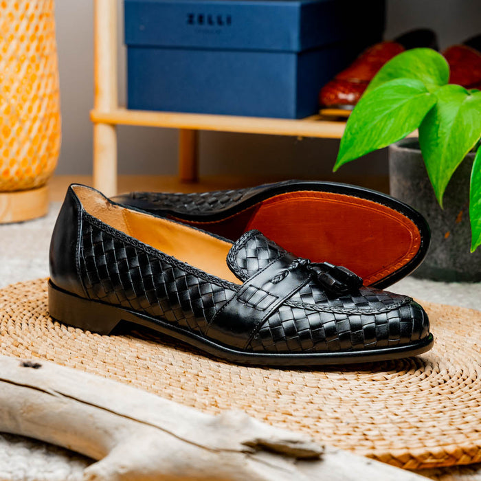 Zelli Riviera Woven Calfskin Tassel Loafers in Black