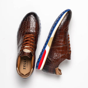 Zelli Rocco Hand-Burnished Embossed Crocodile Sneakers in Brown