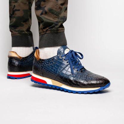 Zelli Rocco Hand-Burnished Crocodile Embossed Sneakers in Navy