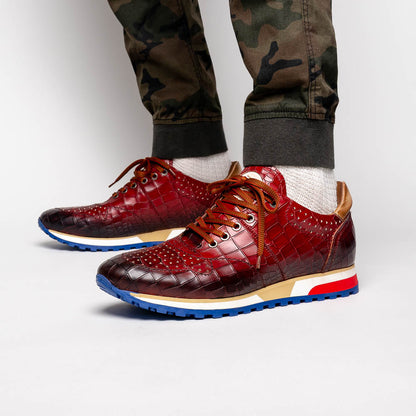 Zelli Rocco Hand-Burnished Embossed Crocodile Sneakers in Red