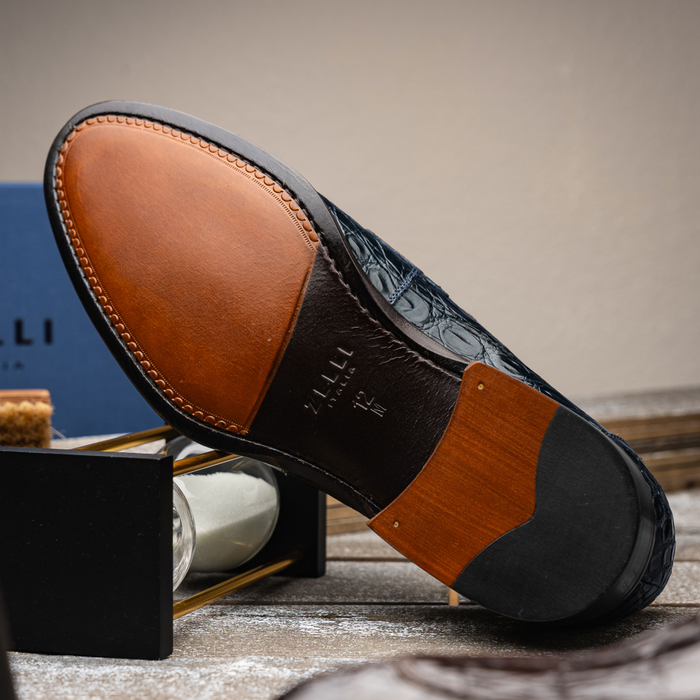 Zelli Roma Classic Penny Loafers in Genuine Caiman Crocodile Navy