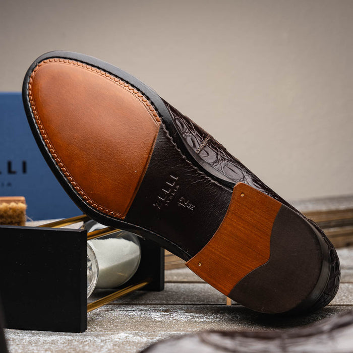 Zelli Roma Genuine Caiman Crocodile Penny Loafers in Nicotine