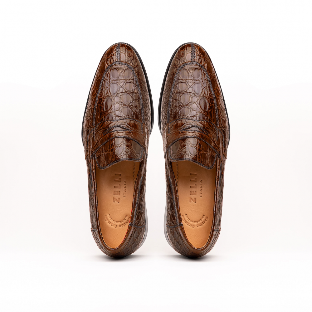 Zelli Roma Genuine Caiman Crocodile Penny Loafers in Cognac