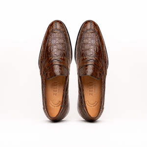 Zelli Roma Genuine Caiman Crocodile Penny Loafers in Cognac