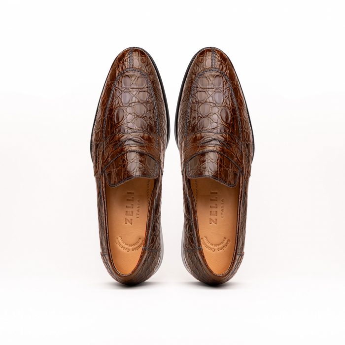 Zelli Roma Genuine Caiman Crocodile Penny Loafers in Cognac