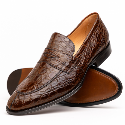 Zelli Roma Genuine Caiman Crocodile Penny Loafers in Cognac
