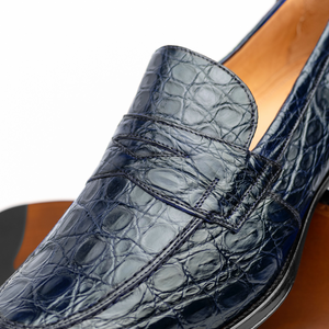 Zelli Roma Classic Penny Loafers in Genuine Caiman Crocodile Navy