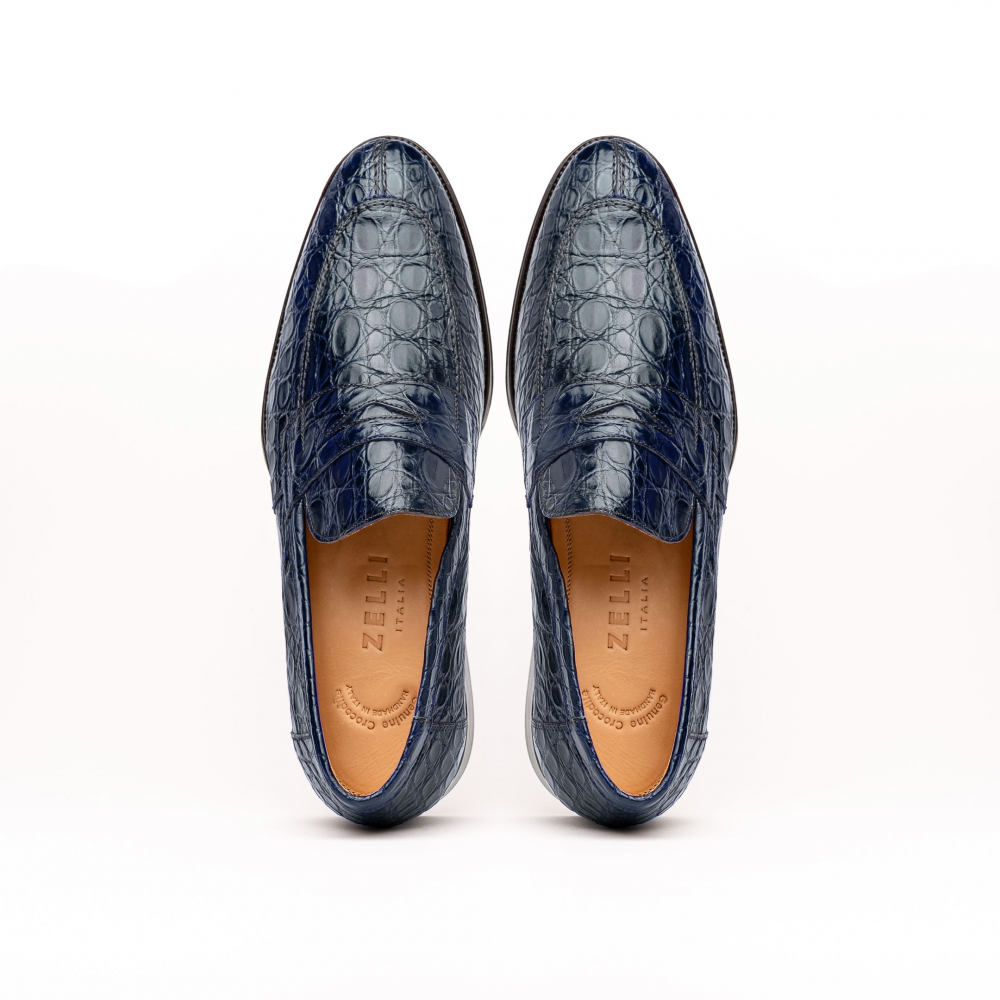 Zelli Roma Classic Penny Loafers in Genuine Caiman Crocodile Navy