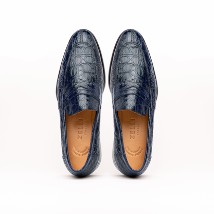 Zelli Roma Classic Penny Loafers in Genuine Caiman Crocodile Navy
