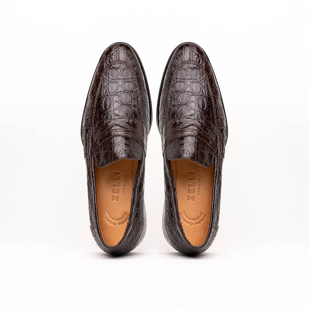 Zelli Roma Genuine Caiman Crocodile Penny Loafers in Nicotine