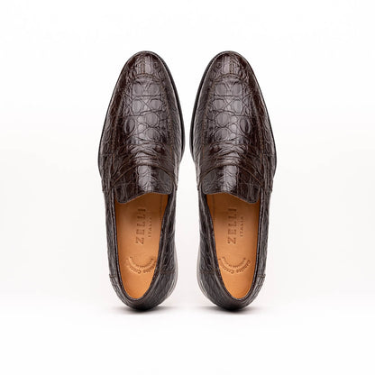 Zelli Roma Genuine Caiman Crocodile Penny Loafers in Nicotine