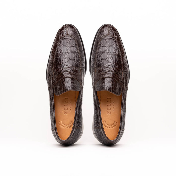 Zelli Roma Genuine Caiman Crocodile Penny Loafers in Nicotine