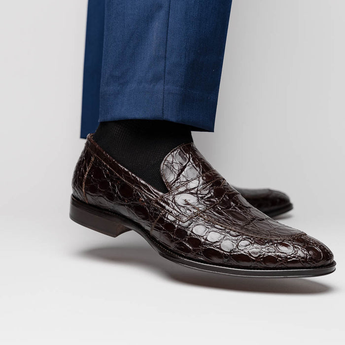 Zelli Roma Genuine Caiman Crocodile Penny Loafers in Nicotine