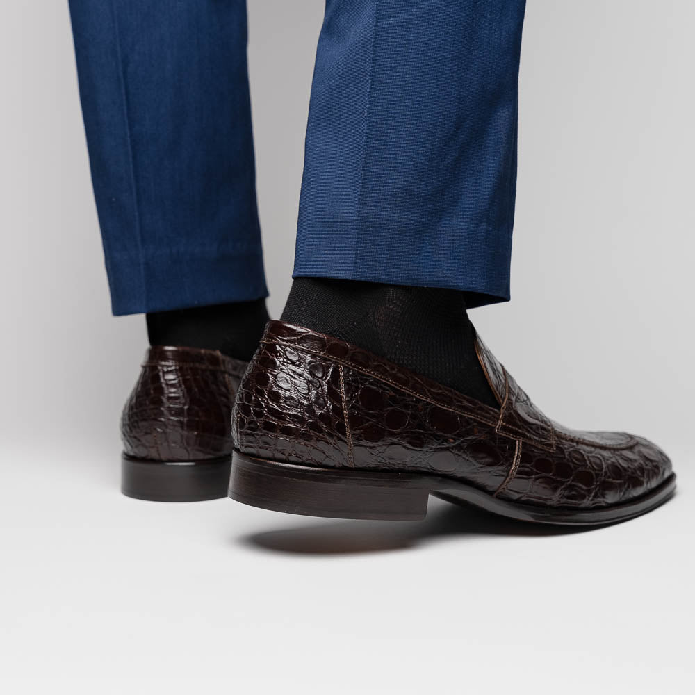 Zelli Roma Genuine Caiman Crocodile Penny Loafers in Nicotine
