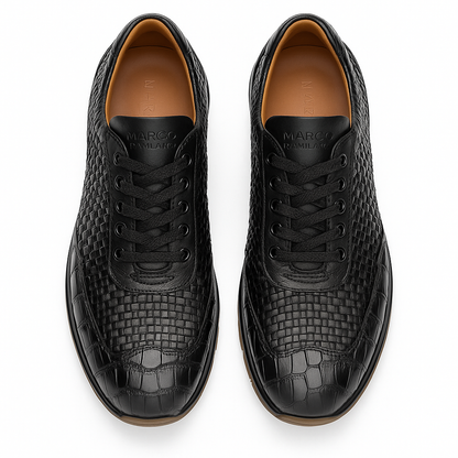 Marco Di Milano Roma Men Shoe Black Genuine Caiman Crocodile / Woven Leather Fashion Sneakers