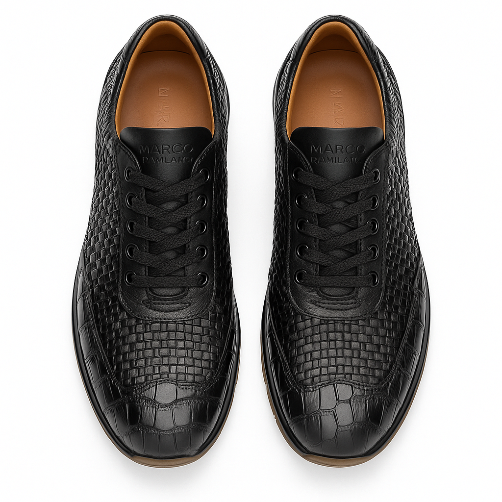 Marco Di Milano Roma Men's Shoes Black Genuine Caiman Crocodile / Woven Leather Fashion Sneakers