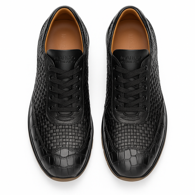 Marco Di Milano Roma Men's Shoes Black Genuine Caiman Crocodile / Woven Leather Fashion Sneakers