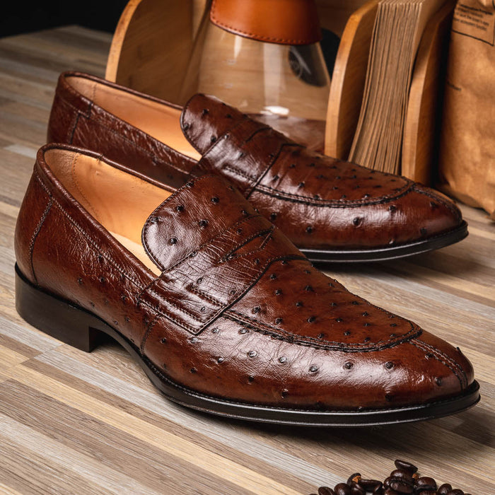 Zelli Roma Classic Penny Loafers in Genuine Brown Ostrich Quill