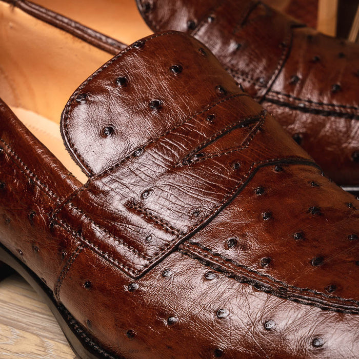 Zelli Roma Classic Penny Loafers in Genuine Brown Ostrich Quill