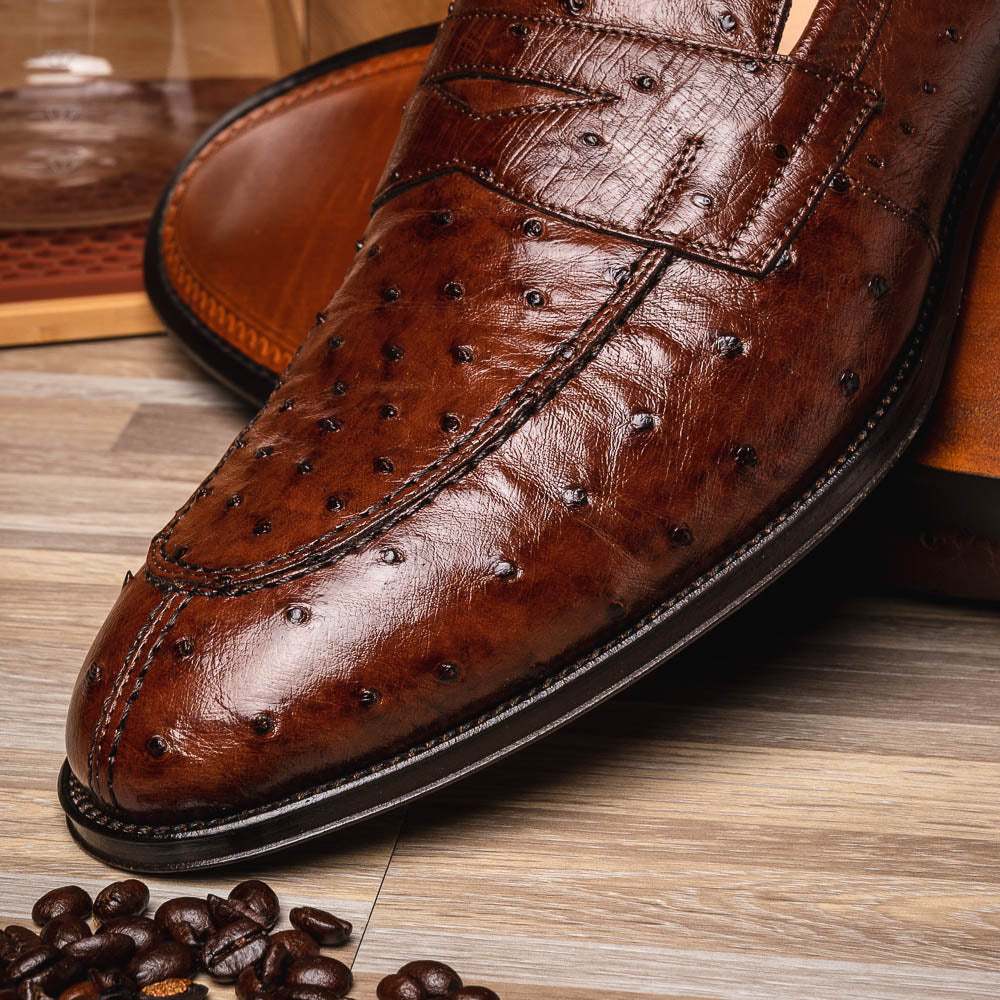 Zelli Roma Classic Penny Loafers in Genuine Brown Ostrich Quill