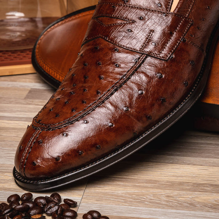 Zelli Roma Classic Penny Loafers in Genuine Brown Ostrich Quill