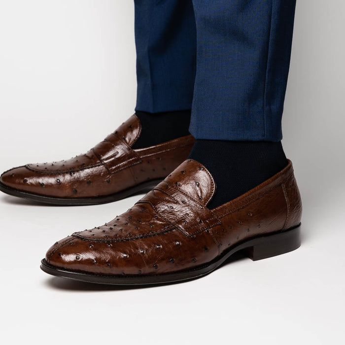 Zelli Roma Classic Penny Loafers in Genuine Brown Ostrich Quill